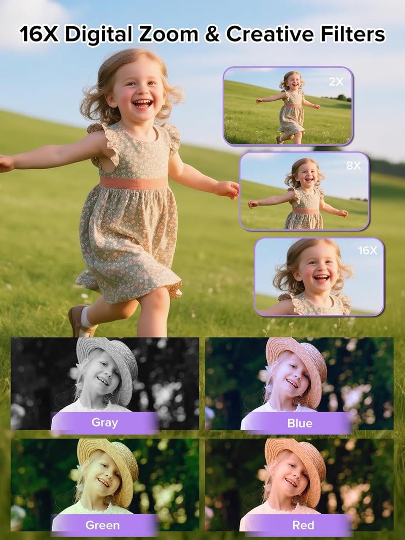 BEARBISU Digital Camera, 44MP Full HD 1080P Point and Shoot Camera with 64GB Card, Anti Shake 16X Zoom Compact Volg Cameras, Portable Small Digicam Gift for Kids, Ages Teen Girl Boy - Purple - Image 5